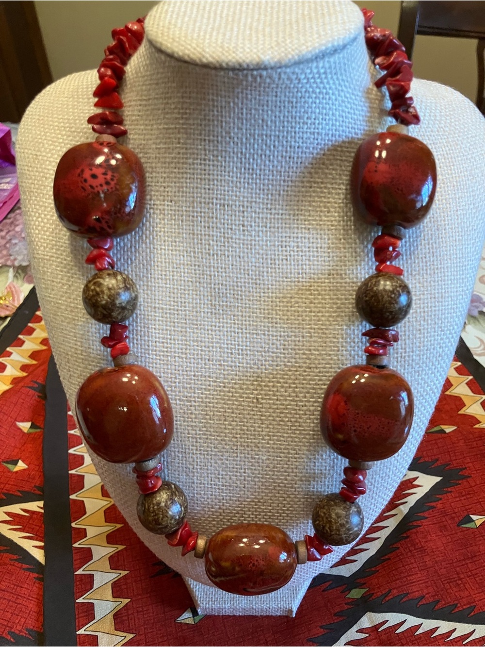 Red and Brown Ceramic beaded Necklace with Coral Spacer chips